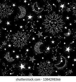 Space Galaxy constellation seamless pattern print could be used for textile, zodiac star yoga mat, phone case