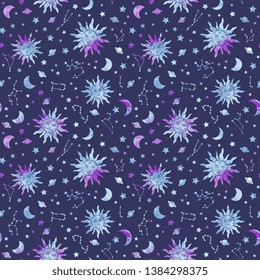 Space Galaxy constellation seamless pattern print could be used for textile, zodiac star yoga mat, phone case