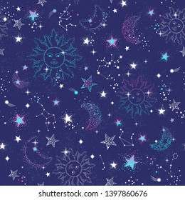 Space Galaxy constellation seamless pattern print could be used for textile, zodiac star yoga mat, phone case