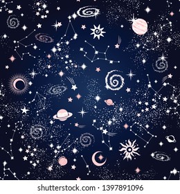 Space Galaxy constellation seamless pattern print could be used for textile, zodiac star yoga mat, phone case