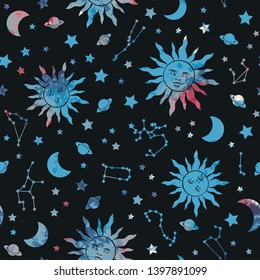 Space Galaxy constellation seamless pattern print could be used for textile, zodiac star yoga mat, phone case