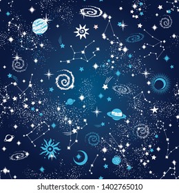 Space Galaxy constellation seamless pattern print could be used for textile, zodiac star yoga mat, phone case