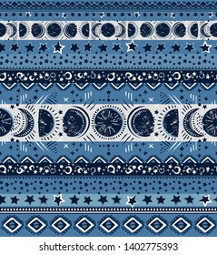 Space Galaxy constellation seamless pattern. Moon phases print could be used for textile, zodiac star yoga mat, phone case