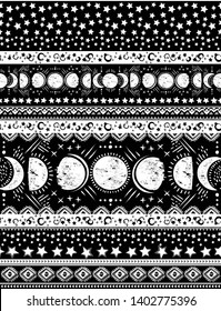 Space Galaxy constellation seamless pattern. Moon phases print could be used for textile, zodiac star yoga mat, phone case