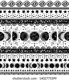 Space Galaxy constellation seamless pattern. Moon phases print could be used for textile, zodiac star yoga mat, phone case