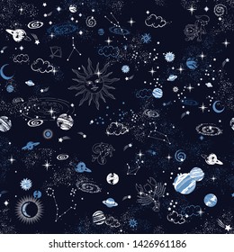 Space Galaxy constellation seamless pattern print could be used for textile, zodiac star yoga mat, phone case