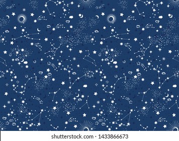 Space Galaxy constellation seamless pattern print could be used for textile, zodiac star yoga mat, phone case