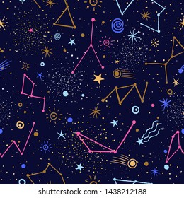 Space Galaxy constellation seamless pattern print could be used for textile, zodiac star yoga mat, phone case, textile, print for clothes, background vector