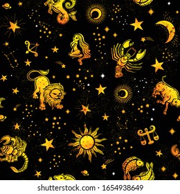 Space Galaxy constellation seamless pattern print could be used for textile, zodiac star yoga mat, phone case