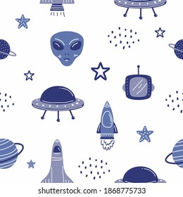 Space Galaxy constellation seamless pattern. Rocket, planets, alien, ufo, sun, moon, comet and stars on white background. Print could be used for textile, zodiac star yoga mat, phone case