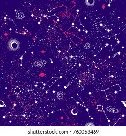Space Galaxy constellation seamless pattern print could be used for textile, zodiac star yoga mat, phone case