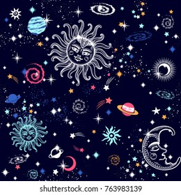 Space Galaxy constellation seamless pattern print could be used for textile, zodiac star yoga mat, phone case