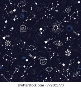 Space Galaxy constellation seamless pattern print could be used for textile, zodiac star yoga mat, phone case