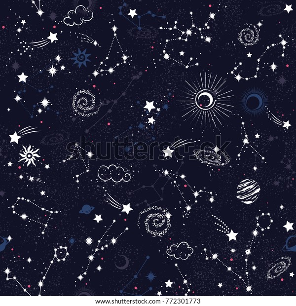 宇宙銀河星座シームレスな模様印刷は 織物 干支星ヨガマット 電話ケースに使用できます のベクター画像素材 ロイヤリティフリー