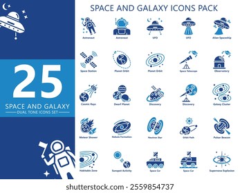 Space and Galaxy dual tone icons pack, contain astronaut, planet, UFO, orbit, telescope, space ship, rocket and more. Related to education and technology theme. use for UI, UX, app, web development.