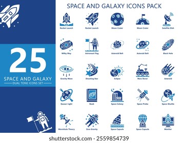 Space and Galaxy dual tone icons pack, contain moon, planet, asteroid, orbit, astronaut, space ship, rocket and more. Related to education and technology theme. use for UI, UX, app, web development.