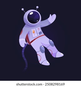 Space and galaxy exploration adventures, isolated cosmonaut floating in universe. Vector astronaut wearing protective helmet and uniform with buttons, character connected to spacecraft