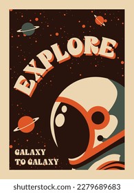 Cartel vectorial del programa de exploración del espacio y la galaxia. ilustración del astronauta en el espacio con fondo de galaxia y planetas