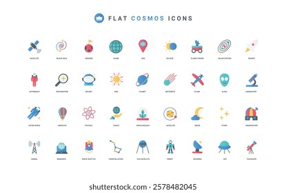 Space and galaxy exploration, rockets flight to planet and stars, aerospace and astronomy color icon set. Satellite and astronaut, spaceship and observatory station flat elements vector illustration