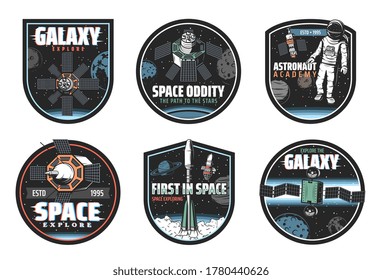 Space and galaxy exploration vector icons with spaceships, astronaut and universe planets. Rockets with satellites, Earth, Moon and stars, spaceman, spacesuit and helmet, astronomy isolated emblems