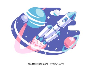 Space and galaxy exploring vector illustration. Astronaut in spaceship explore cosmos flat style. Stars and planets. Astronomy and science concept. Isolated on white background