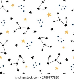 Space and galaxy hand drawn seamless pattern with star element. Cosmos pattern by doodle style. Vector illustration for kids fabric, children print, textile, wallpaper.