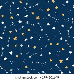 Space and galaxy hand drawn seamless pattern with star element. Cosmos pattern by doodle style. Vector illustration for kids fabric, children print, textile, wallpaper.