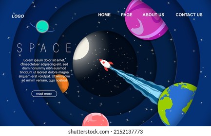 Space and Galaxy landing page template. Paper cut out design. For web, web banner, digital, starting page, background, cover. Vector Illustration of Sun, moon, earth, planets. EPS 10 File. 