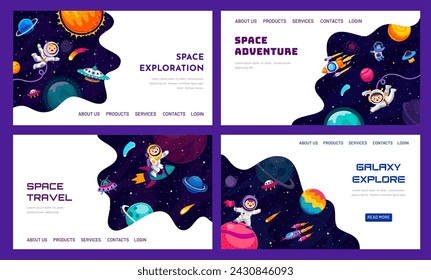 Space Galaxy Landing Pages mit Cartoon-Raumplaneten, Kinder-Astronauten, Aliens und Raumschiffe, Vektor-Website-Vorlagen. Galaxy Planets, Alien UFO und Raumfahrer im Sternenuniversum Himmel für Landing Page