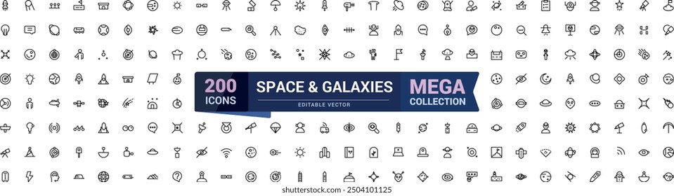 Space and Galaxy line icon set. Mega collection of Space related icon. Outline symbols collection. Editable stroke. Vector illustration.
