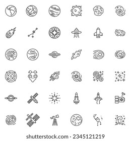 Space and galaxy line icons set. linear style symbols collection, outline signs pack. Universe and galaxy vector graphics. Set includes icons as Solar System Planets, Cosmos, Milky Way, Spaceship