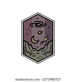 Space and galaxy monoline or line art for adventure graphic illustration drawing
