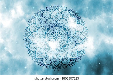 Space galaxy nebula background with mandala flower, Vector cosmos with colorful milky way, Galaxy at starry night, Vector illustration