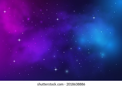 Space galaxy nebula, stardust and starry universe sky, vector background. Space sky with stars shine in cosmic clouds, blue and purple starry light glow or stardust flares in galaxy nebula