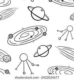 Space galaxy objects vector seamless pattern. Planets, meteor, solar system. Cosmic background, wallpaper, print, textile, fabric, wrapping paper, packaging design