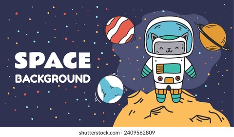 Space galaxy planet universe cat astronaut background concept. Vector flat graphic design illustration