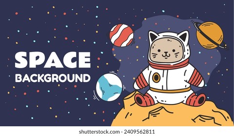 Space galaxy planet universe cat astronaut background concept. Vector flat graphic design illustration
