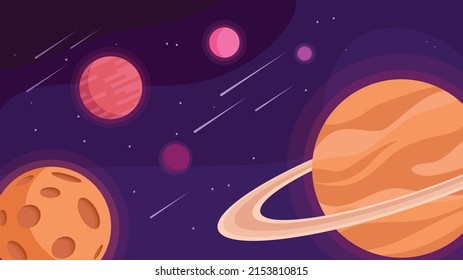Space galaxy with planets, asteroids and stars on purple background. Vector illustration of trips on big universe in cartoon style.