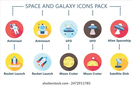 Space and Galaxy rounded multi color icons pack, related to education and technology theme. use for modern concept, web and app development. vector EPS 10.