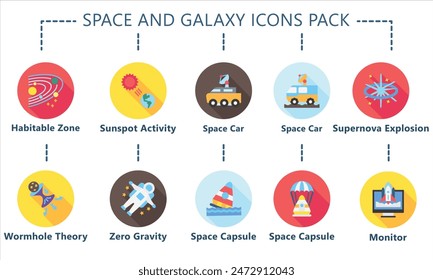 Space and Galaxy rounded multi color icons pack, related to education and technology theme. use for modern concept, web and app development. vector EPS 10.