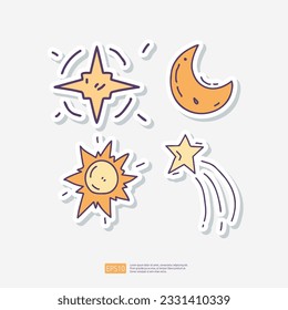space galaxy star, half moon, Sun explosion, shooting star Doodle Sticker Icon Set. Space Adventure and Cosmos Vector illustration