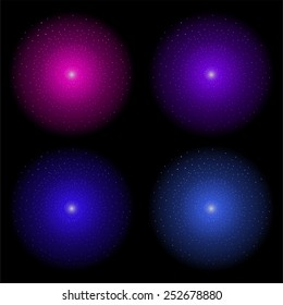 Space galaxy star shining effects set. Purple and blue colors. Vector clip art effect isolated on black