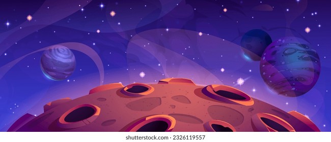 Space galaxy vector planet cartoon background. Fantasy cosmos universe illustration with moon crater and abstract satellite texture. Red asteroid land at night to travel with solar mission concept