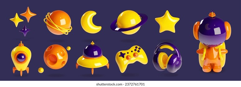 Space game 3d icon cartoon vector element set. Plastic object with alien, galaxy universe planet and joystick. Metaverse isolated world graphic kit for videogame ui interface. Saturn and moon design