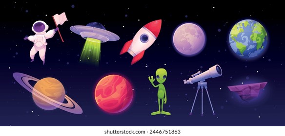 Juego espacial alien, astronauta y nave espacial. Marte, Saturno y planetas de la Tierra. Criaturas verdes de dibujos animados, futuro de fantasía, conjunto de UI. OVNI cohete. Vector de dibujos animados ilustración aislada plana