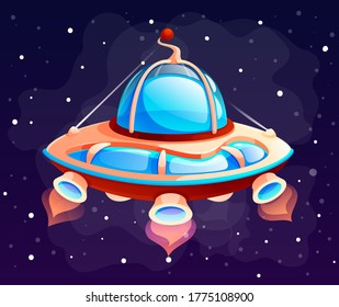 Space game alien element. Cartoon space object spaceship, flying saucer on outer space background. The alien ship, unknown flying object cosmic element on a dark blue background vector illustration