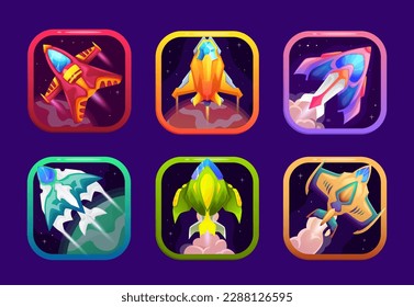 Space game app icons, UI frames and cartoon GUI for mobile application, vector spaceship galaxy adventure. Starship battle game square buttons template for interface of cosmic fantasy arcade