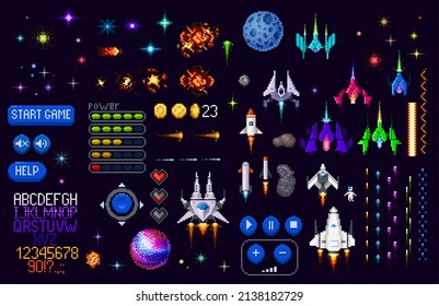 Espacio activo de juego 8 bits de arte de píxeles. Planetas galaxia, cohetes, starcraft, fuentes y botones vectoriales de interfaz de píxeles. Espacios de juegos de arcada retro, estrellas, efecto sprite de explosión y objetos astronautas
