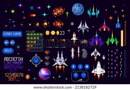 Space game asset 8 bit pixel art. Galaxy planets, rockets, starcraft, font and pixel art interface vector buttons. Retro arcade game spaceships, stars, explosion sprite effect and astronaut objects