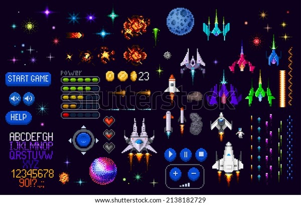 Space game asset 8 bit pixel art. Galaxy planets,\
rockets, starcraft, font and pixel art interface vector buttons.\
Retro arcade game spaceships, stars, explosion sprite effect and\
astronaut objects